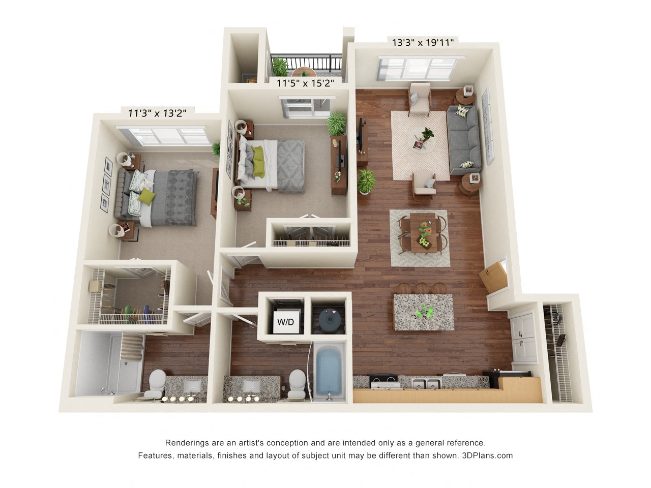 Floor plan for 2 beds, 2 baths, 1080 sqft